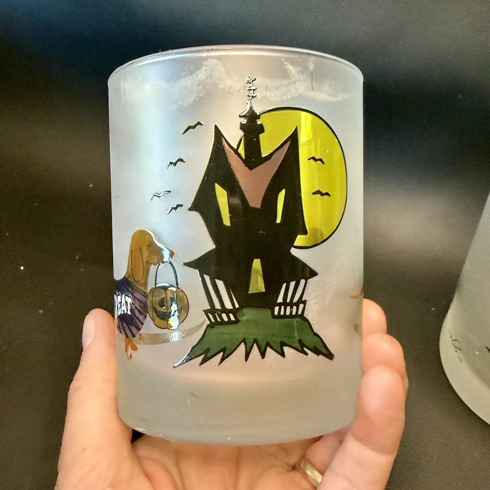 Culver Frosted Halloween Lowball Glasses Set of 3 Weiner Dog Puppy Spooky FUN